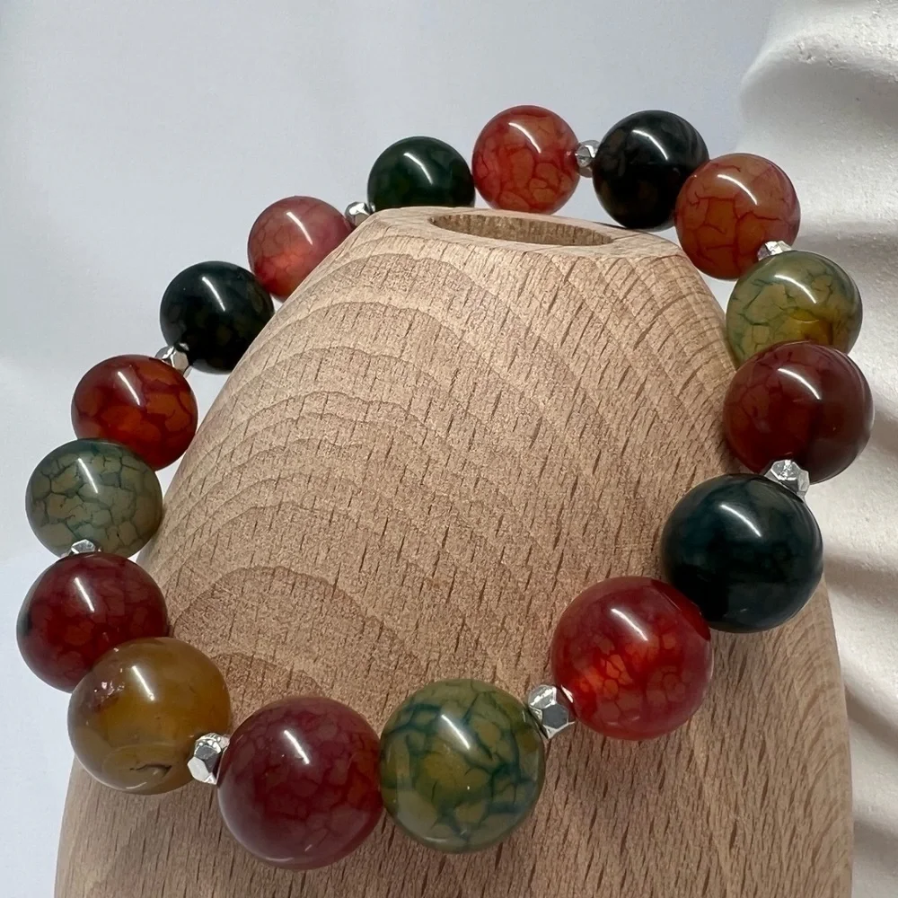 𝅺Multicolored Agate Gemstone Beaded Stretch Bracelet